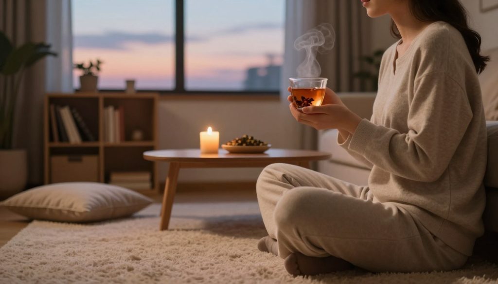 A cozy and serene evening wind-down routine scene. In the foreground, a person dressed in comfortable, modest loungewear is seated cross-legged on a soft, plush rug, holding a steaming cup of herbal tea. The middle layer features a warm, inviting living room with a neatly arranged bookshelf, a flickering candle on a wooden coffee table, and a few scattered cushions. In the background, a large window reveals a calm twilight sky filled with soft pastel colors. The lighting is soft and ambient, casting gentle shadows that enhance the cozy atmosphere. The mood conveys relaxation and tranquility, inviting viewers to imagine a peaceful evening ritual. The scene is artistically composed, using a warm color palette and a slight depth of field to focus on the person and their tranquil surroundings. A cozy and serene evening wind-down routine scene. In the foreground, a person dressed in comfortable, modest loungewear is seated cross-legged on a soft, plush rug, holding a steaming cup of herbal tea. The middle layer features a warm, inviting living room with a neatly arranged bookshelf, a flickering candle on a wooden coffee table, and a few scattered cushions. In the background, a large window reveals a calm twilight sky filled with soft pastel colors. The lighting is soft and ambient, casting gentle shadows that enhance the cozy atmosphere. The mood conveys relaxation and tranquility, inviting viewers to imagine a peaceful evening ritual. The scene is artistically composed, using a warm color palette and a slight depth of field to focus on the person and their tranquil surroundings.