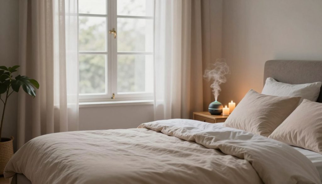 A serene and inviting sleep environment showcasing an elegantly designed bedroom focused on optimizing relaxation. In the foreground, a plush bed with soft, calming colors and layers of cozy bedding invites rest. On the bedside table, a small diffuser emits a gentle mist, surrounded by flickering candles that cast a warm, soothing glow. The middle ground features a large window adorned with light, flowy curtains that filter in soft, natural light, enhancing the tranquil atmosphere. In the background, a peaceful indoor plant adds a touch of nature, symbolizing freshness and positivity. The room is softly illuminated, evoking a sense of calm, peace, and stress relief, ideal for promoting restful sleep. A serene and inviting sleep environment showcasing an elegantly designed bedroom focused on optimizing relaxation. In the foreground, a plush bed with soft, calming colors and layers of cozy bedding invites rest. On the bedside table, a small diffuser emits a gentle mist, surrounded by flickering candles that cast a warm, soothing glow. The middle ground features a large window adorned with light, flowy curtains that filter in soft, natural light, enhancing the tranquil atmosphere. In the background, a peaceful indoor plant adds a touch of nature, symbolizing freshness and positivity. The room is softly illuminated, evoking a sense of calm, peace, and stress relief, ideal for promoting restful sleep.