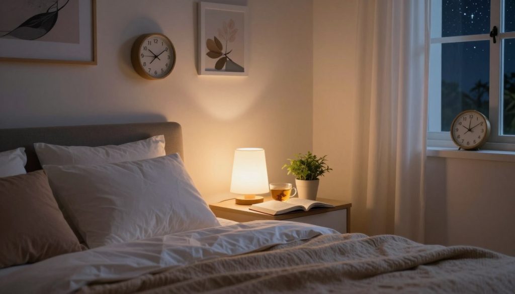 A serene bedroom scene at twilight, showcasing effective bedtime routine tips. In the foreground, a cozy bed with fluffy pillows and a warm, inviting blanket. On a bedside table, a softly glowing lamp beside an open book, a cup of herbal tea, and a small potted plant. The middle ground features a tranquil wall adorned with calming artwork and a clock showing an early bedtime hour. In the background, a window with drawn curtains allowing a hint of starry night sky to peek through, creating a peaceful atmosphere. Soft, warm lighting bathes the entire scene, evoking relaxation and calmness, inviting viewers to visualize their perfect bedtime routine. The image should feel inviting and restful, encouraging viewers to embrace tranquility before sleep. A serene bedroom scene at twilight, showcasing effective bedtime routine tips. In the foreground, a cozy bed with fluffy pillows and a warm, inviting blanket. On a bedside table, a softly glowing lamp beside an open book, a cup of herbal tea, and a small potted plant. The middle ground features a tranquil wall adorned with calming artwork and a clock showing an early bedtime hour. In the background, a window with drawn curtains allowing a hint of starry night sky to peek through, creating a peaceful atmosphere. Soft, warm lighting bathes the entire scene, evoking relaxation and calmness, inviting viewers to visualize their perfect bedtime routine. The image should feel inviting and restful, encouraging viewers to embrace tranquility before sleep.