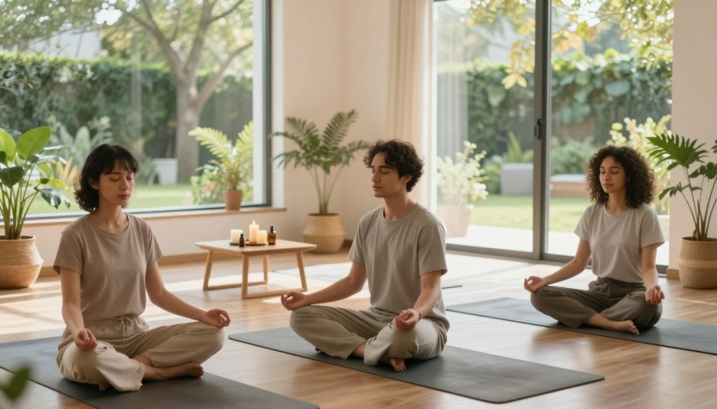 A serene indoor meditation space filled with soft natural light, highlighting the tranquility of mindfulness and meditation. In the foreground, a diverse group of three individuals, dressed in modest, comfortable clothing, are sitting cross-legged on soft yoga mats, eyes gently closed, embodying peace and focus. In the middle ground, plants and soothing decor enhance the atmosphere, with a small table holding candles and essential oils. In the background, large windows reveal a calming garden view, with trees swaying lightly in the breeze. The image should evoke a sense of calmness and clarity, using warm and soft lighting to create a peaceful ambiance, captured from a slightly elevated angle to encompass both the serene individuals and the inviting environment. A serene indoor meditation space filled with soft natural light, highlighting the tranquility of mindfulness and meditation. In the foreground, a diverse group of three individuals, dressed in modest, comfortable clothing, are sitting cross-legged on soft yoga mats, eyes gently closed, embodying peace and focus. In the middle ground, plants and soothing decor enhance the atmosphere, with a small table holding candles and essential oils. In the background, large windows reveal a calming garden view, with trees swaying lightly in the breeze. The image should evoke a sense of calmness and clarity, using warm and soft lighting to create a peaceful ambiance, captured from a slightly elevated angle to encompass both the serene individuals and the inviting environment.