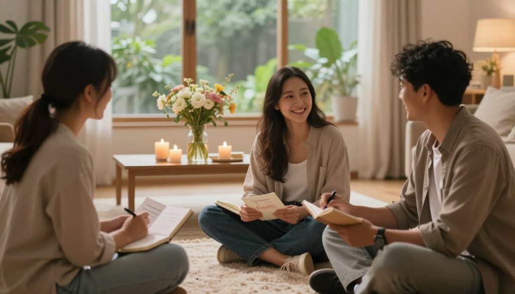 A serene indoor space filled with warm, soft lighting that creates a cozy atmosphere. In the foreground, a diverse group of three individuals, a woman and two men, sit comfortably on a plush rug, engaged in positive conversations while holding journals and gratitude cards. One person is writing, another is smiling as they share their thoughts, and the third is leaning back, listening attentively. In the middle ground, a table adorned with fresh flowers and lit candles adds a sense of tranquility. The background features large windows with lush greenery visible outside, enhancing the feeling of connection to nature. Use a soft focus lens to create a warm, inviting mood, with gentle light filtering through the windows. A serene indoor space filled with warm, soft lighting that creates a cozy atmosphere. In the foreground, a diverse group of three individuals, a woman and two men, sit comfortably on a plush rug, engaged in positive conversations while holding journals and gratitude cards. One person is writing, another is smiling as they share their thoughts, and the third is leaning back, listening attentively. In the middle ground, a table adorned with fresh flowers and lit candles adds a sense of tranquility. The background features large windows with lush greenery visible outside, enhancing the feeling of connection to nature. Use a soft focus lens to create a warm, inviting mood, with gentle light filtering through the windows.