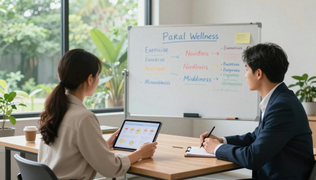 A serene office setting showcasing a diverse group of three professionals engaged in a wellness strategy meeting. In the foreground, a woman in smart casual attire is holding a tablet displaying wellness habit diagrams, while a man in a business suit takes notes. The middle features a large whiteboard filled with colorful markers highlighting key areas for wellness improvement, such as exercise, nutrition, and mindfulness. In the background, a window illuminates the room with natural light, revealing a lush garden outside emphasizing tranquility. The overall atmosphere is collaborative and positive, capturing the essence of proactive engagement in improving wellness habits, with soft lighting to enhance a sense of calm and focus. A serene office setting showcasing a diverse group of three professionals engaged in a wellness strategy meeting. In the foreground, a woman in smart casual attire is holding a tablet displaying wellness habit diagrams, while a man in a business suit takes notes. The middle features a large whiteboard filled with colorful markers highlighting key areas for wellness improvement, such as exercise, nutrition, and mindfulness. In the background, a window illuminates the room with natural light, revealing a lush garden outside emphasizing tranquility. The overall atmosphere is collaborative and positive, capturing the essence of proactive engagement in improving wellness habits, with soft lighting to enhance a sense of calm and focus.