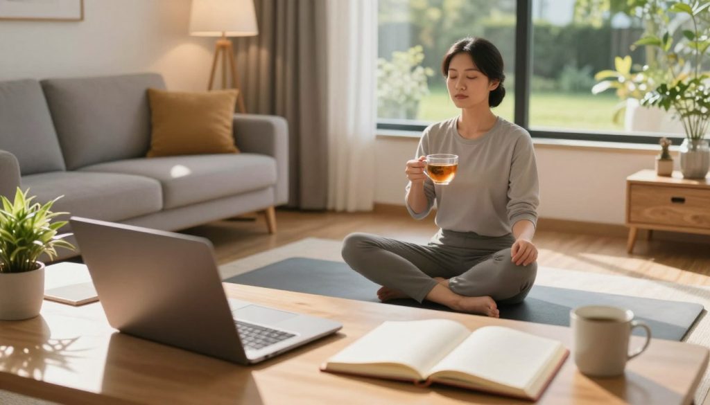 A serene workspace blending elements of productivity and relaxation, featuring a well-organized desk with a laptop, open planner, and a potted plant in the foreground. In the middle, a calm person in professional attire practicing mindfulness with closed eyes, seated cross-legged on a yoga mat, holding a cup of herbal tea. The background showcases a cozy living area with soft lighting, warm colors, and a window revealing a peaceful garden. Gentle sunlight streams in, creating a warm glow and casting soft shadows, evoking a sense of balance and tranquility. The atmosphere is inviting, promoting a blend of work and personal well-being, emphasizing the importance of daily tips for a healthier lifestyle. A serene workspace blending elements of productivity and relaxation, featuring a well-organized desk with a laptop, open planner, and a potted plant in the foreground. In the middle, a calm person in professional attire practicing mindfulness with closed eyes, seated cross-legged on a yoga mat, holding a cup of herbal tea. The background showcases a cozy living area with soft lighting, warm colors, and a window revealing a peaceful garden. Gentle sunlight streams in, creating a warm glow and casting soft shadows, evoking a sense of balance and tranquility. The atmosphere is inviting, promoting a blend of work and personal well-being, emphasizing the importance of daily tips for a healthier lifestyle.